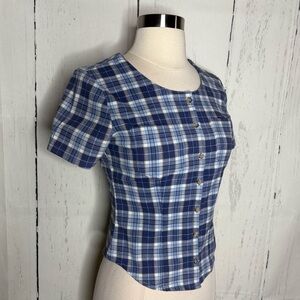 Copper Key Blue Plaid Short-Sleeve Button Top